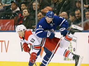 Zach Hyman (top) leads the Leafs forwards playing an average of two minutes, 47 seconds a game when the team is shorthanded. The Leafs have the sixth-best penalty kill in the NHL. (Stan Behal/Toronto Sun)