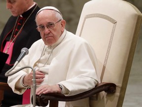 Pope Francis attends his weekly general audience in the Paul VI Hall, at the Vatican, Wednesday, Nov. 30, 2016. Pope Francis won't be visiting Montreal, or anywhere else in Canada, in 2017. It was hoped that the Pope would visit the city next year as part of its 375th anniversary celebrations. (THE CANADIAN PRESS/AP, Andrew Medichini)