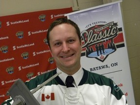 Ernst Kuglin/The Intelligencer
Jeff Moorhouse, chair of the organizing committee of the 6th annual Pond Hockey Classic, holds the championship trophy. The Classic will be held Feb. 3 to 5, 2017 at  Batawa Lions Community Rinks. The Puck Drop dinner will be held Feb. 3 at the Batawa Community Centre featuring guest speakers Linda Blanchette and Eugene Melnyk, owner of the Ottawa Senators.