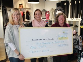 One Tooth Activewear's Patti Jo Pumple and Heather Park present a cheque for $685 to the Canadian Cancer Society's Paula McKinlay.
CARL HNATYSHYN/SARNIA THIS WEEK