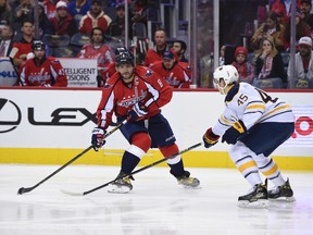 Brendan Guhle faces Alex Ovechkin in his first game after getting called up on an emergency basis by the Sabres, on Dec. 5 in Whshington. (AP Photo)