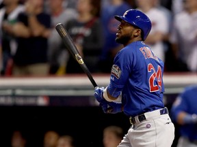 Dexter Fowler of the Chicago Cubs hits a lead off home run in the first inning against the Cleveland Indians in Game 7 of the 2016 World Series at Progressive Field on Nov. 2, 2016 in Cleveland. (Elsa/Getty Images)