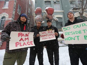 From left: A.J. Pinay, Jeremy Arnott, Ernest Chartrand, and Adam Jacobson. Jacobson, along with several other individuals will spend the night outside as a fundraiser on Friday for a transitional housing program. (Chris Procaylo/Winnipeg Sun)
