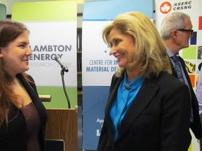 Student Maria Garder, left, and Judith Morris, president of Lambton College, talk Wednesday December 7, 2016 in Sarnia, Ont., following an announcement of $6.3 million in new research funding for the college.
(Paul Morden/Sarnia Observer)