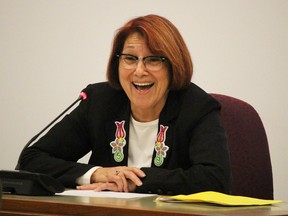 Aamjiwnaang First Nation Chief Joanne Rogers laughs at a joke while chairing the Lambton County warden's election Wednesday. Rogers is believed to be the first First Nation chief invited to preside over a Lambton County warden's election. (Barbara Simpson/Sarnia Observer/Postmedia Network)