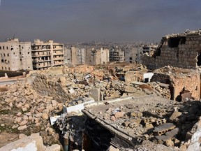A general view shows destruction in the Al-Safa neighbourhood of Aleppo after it was captured by government forces on December 7, 2016. Rebels in Aleppo called for a five-day truce and the evacuation of civilians after losing more than three quarters of their territory including the Old City to a Syrian army offensive.(GEORGE OURFALIAN/AFP/Getty Images)