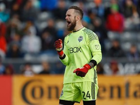 Seattle Sounders goalkeeper Stefan Frei reacts as time runs out in the second half of the second leg of an MLS Western Conference soccer finals game on Nov. 27, 2016, in Commerce City, Colo. (AP Photo/David Zalubowski)