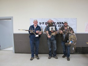 The Big Buck Contest adult winners,(L-R) First place Bob Cholowski, Second place Mitch Yonkman, Third place Wayne Hammernyk. Submitted Photo.