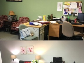 Skill Décor and a team of experts in the community worked to makeover the Single Women in Motherhood (SWIM) offices in London. This photo is a before and after of the changes made their main reception area.