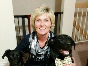 Teresa Watson and her Labrador retrievers, Eddie and Ava, show off the doggie bow tie. (Photo submitted)
