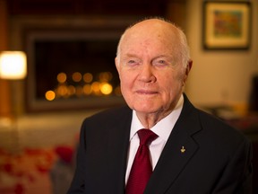 In this handout provided by NASA, former U.S. Sen. and astronaut John Glenn poses for a portrait shortly after doing live television interviews from the Ohio State University Union building on February 20, 2012 in Columbus, Ohio. Today marks the 50th anniversary of Glenn's historic flight as the first American to orbit Earth. (Photo by Bill Ingalls/NASA via Getty Images)