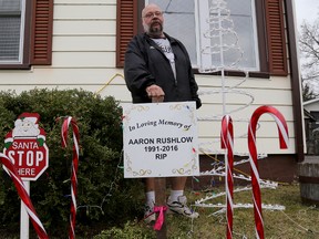 Emily Mountney-Lessard/The Intelligencer
Fred Rushlow stands in his yard after thieves took part of a Christmas display that was dedicated to his son, Aaron, who was killed in October.