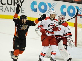 Nick Ritchie of the Anaheim Ducks celebrates a goal against the Carolina Hurricanes on Dec. 7. (AP)