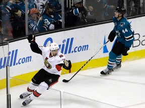 Senators forward Chris Kelly celebrates his goal against the San Jose Sharks on Dec. 7. (AP)