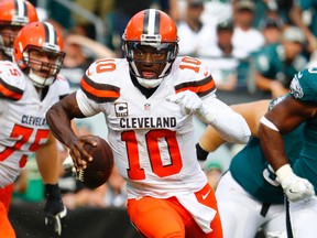 In this Sept. 11, 2016, file photo, Cleveland Browns quarterback Robert Griffin III runs the ball against the Philadelphia Eagles in Philadelphia. (AP Photo/Winslow Townson, File)