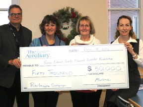 BRUCE BELL/THE INTELLIGENCER
The Prince Edward County Memorial Hospital Foundation received a big boost for the Quinte Health Care Re-imagine Campaign on Thursday afternoon with a $50,000 donation from the PECMH Auxiliary. Pictured are (from left) QHC board of directors chairman Doug McGregor, Foundation chairperson Monica Alyea, Auxiliary vice-president Pat Evans and Foundation executive director Penny Rolinski.