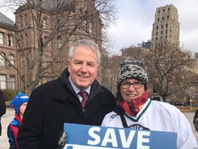 MPP Jim McDonell with South Stormont Councillor Donna Primeau at Queen's Park in Toronto last month.  Primeau was one of many supporters who went to the rally in support of rural Ontario schools. (Postmedia Network)