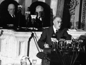 In this Jan. 6, 1941, file photo, U.S. President Franklin D. Roosevelt adresses a joint session of Congress as Speaker Sam Rayburn, left, and Vice-President John N. Garner look on. With the Second World War looming, Roosevelt used his 1941 address to outline the “Four Freedoms”: freedom of speech, freedom of worship, freedom from want and freedom from fear. (The Associated Press)
