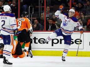 Edmonton Oilers' Connor McDavid reacts after scoring a goal during the second period of an NHL game against the Philadelphia Flyers on Dec. 8, 2016, in Philadelphia. (AP Photo/Matt Slocum)