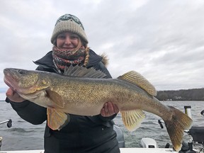 Alyssa Lloyd (of Bancroft) with a 14-pound, three-ounce walleye caught and released on the Bay of Quinte aboard PB&J Charters during a ladies fishing trip.