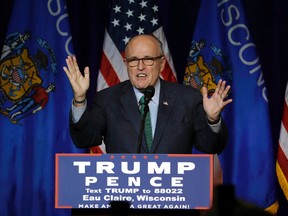 In this Nov. 1, 2016 file photo, former New York City Mayor Rudy Giuliani campaigns for Republican presidential candidate Donald Trump at the University of Wisconsin Eau Claire in Eau Claire, Wis. (AP Photo/Matt Rourke)