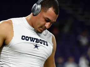 Tyrone Crawford of the Dallas Cowboys warms up before the game against the Minnesota Vikings on Dec. 1, 2016 at US Bank Stadium in Minneapolis. (Hannah Foslien/Getty Images)