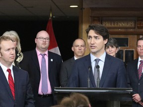 Prime Minister Justin Trudeau, along with MPs Paul Lefebvre and Marc Serre, announce infastructure funding in Sudbury on Thursday, April 7. Trudeau was in Sudbury to announce funding of $26.7 million for the Maley Drive Extension Project. Gino Donato/Sudbury Star