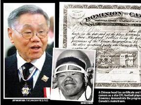 A Chinese head tax certificate and Norman 'Normie' Kwong's dual careers as a star CFL footbal player and Alberta's lieutentant-governor, demonstrate the progress of Chinese Canadians into Canada's mainstream. (Toronto Sun file photos)