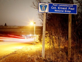 Drivers make their way under the constable Ernest Paul memorial bridge in Lively, Ont. on Wednesday November 30, 2016. A piece of the bridge landed on a vehicle smashing the sunroof this week.Gino Donato/Sudbury Star/Postmedia Network