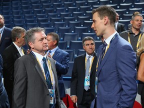 Tim Bernhardt and John Chayka of the Arizona Coyotes attend Round 1 of the 2016 NHL Draft on June 24, 2016 in Buffalo. (Bruce Bennett/Getty Images)