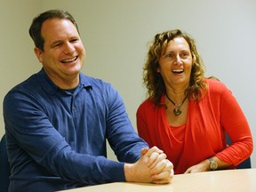 Bone marrow donor Ken Wagner (left) with his recipient Kristina Milke (right) in Edmonton on December 9, 2016. LARRY WONG / POSTMEDIA
