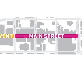 An image of what the Dundas Place flex street would look like in three of five "character areas".