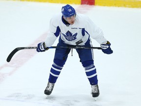 Josh Leivo is back with the Maple Leafs after dealing with a nagging injury, but has yet to crack the lineup. (Dave Abel/Toronto Sun)