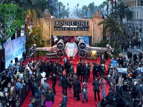 A replica of an X-Wing Starfighter appears at the world premiere of "Rogue One: A Star Wars Story" at the Pantages Theatre on Saturday, Dec. 10, 2016, in Los Angeles. (Photo by Jordan Strauss/Invision/AP)
