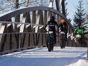 Mark Jung, Jeff Ryks and James Turkington ride in the 45NRTH Fatbike Triple Crown race on Sunday, December 11, 2016  in Edmonton.  Riders choose one of three races to ride in, a 4 , 3 or a 2 hour race and the winner finishes the most laps in there time category. Greg  Southam / Postmedia