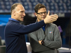 Blue Jays fans are likely getting restless after president Mark Shapiro (left) and GM Ross Atkins (right) signed Kendrys Morales, Steve Pearce and Brett Oberholtzer in the off-season so far. (Craig Robertson/Toronto Sun)