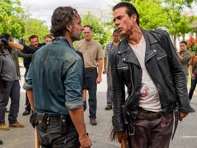 Aaron (Ross Marquand), Rick Grimes (Andrew Lincoln) and Negan (Jeffrey Dean Morgan) in Episode 8. (Photo by Gene Page/AMC)
