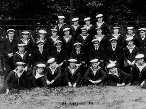 The crew of Submarine E38. Robert Greening is on the far right, second row from the front. (Courtesy of Robert Finlay)