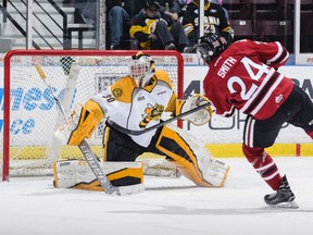 Aidan Hughes, pictured here playing against the Guelph Storm last week, is seven games into his Ontario Hockey League rookie season with the Sarnia Sting. The 17-year-old London native is 2-3-1-0 so far in limited playing time. (Metcalfe Photography)