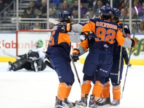 Kole Sherwood of the Flint Firebirds celebrates his goal against the London Knights at Budweiser Gardens in London, Ont., on Dec. 4, 2016. (Mike Hensen/The London Free Press/Postmedia Network)