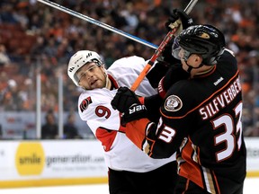 Senators' Bobby Ryan (left) and Ducks' Jakob Silfverberg collide during Sunday's game in Anaheim. (GETTY IMAGES/PHOTO)