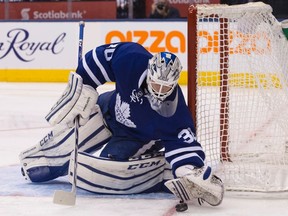 Toronto Maple Leafs goaltender Antoine Bibeau makes a save against the Colorado Avalanche on Dec. 11, 2016. (CHRIS YOUNG/The Canadian Press)