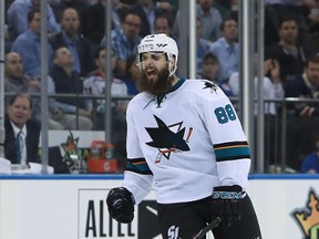 Defenceman Brent Burns leads the San Jose Sharks in goals with 12, and his 25 points is tied for top spot on the team. (MICHAEL REAVES/Getty Images)