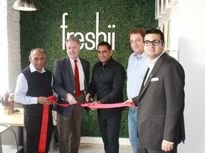 The grand opening of Sarnia's Freshii restaurant on Dec. 2. From left to right: Mahatej Deol, Mayor Mike Bradley, Moe Deol, Peter DiMurro, Abdul Younas.
CARL HNATYSHYN/SARNIA THIS WEEK