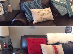 Easly transform your living room into the holiday mood by changing out throw pillows with red covers or adding festive coloured ribbons to plain white throw pillows.