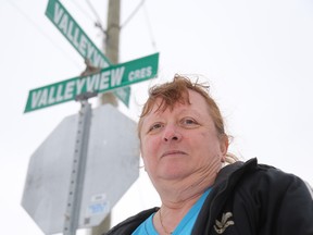 Jason Miller/The Intelligencer
Kim Hodges, pictured here at the intersection of Valleyview Crescent and Valleyview Court, says confusion has prevailed since new houses were built requiring the creation of Valleyview Court about a year ago.