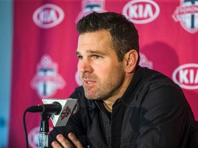 TFC head coach Greg Vanney speaks at the Reds' end-of-season news conference on Tuesday. (Ernest Doroszuk/Toronto Sun)
