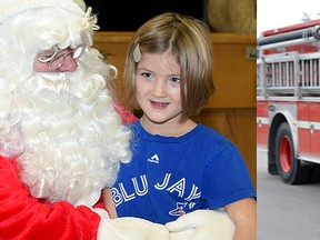 Six-year-old Chelsie Spriet visits with Santa Claus Saturday at the Langton Community Centre. On the right, Chelsie looks for Santa at the 2012 Langton Christmas Parade. (CHRIS ABBOTT PHOTOS)