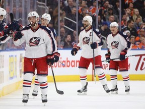 Columbus Blue Jackets' Sam Gagner (89) celebrates a goal with teammates agains the Edmonton Oilers during second period NHL action in Edmonton, Alta., on Tuesday December 13, 2016. THE CANADIAN PRESS/Jason Franson