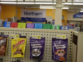 Bags of candy hang in the Northern, Fort Chipewyan's only grocery store, in Fort Chipewyan, Alta. on Aug. 23, 2015. (Cullen Bird/Fort McMurray Today/Postmedia Network)